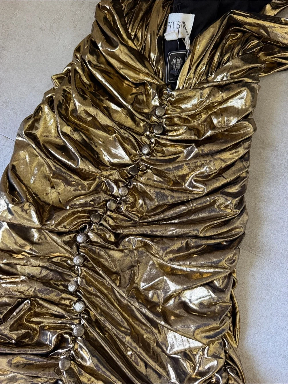 L'ATISTE Metallic Gold Halter Ruched Maxi Gown - Picture 3 of 3